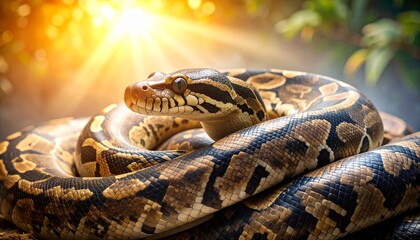 Fototapeta premium Regal Python Coiled in Serenity: A Captivating Glimpse into Reptilian Majesty