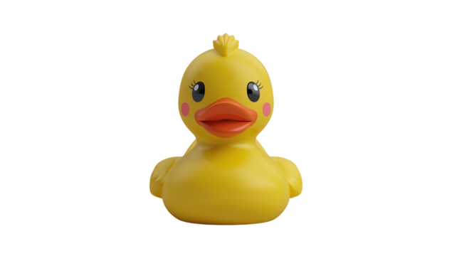Charming yellow rubber duck with endearing eyes and rosy cheeks on transparent background