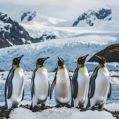 Fototapeta premium Penguins stand beneath towering glacier cliffs high resolution picture