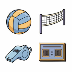 Sports Equipment Vector SVG Illustration with Volleyball Volleyball Net Stopwatch and Scoreboard in Flat Modern Style