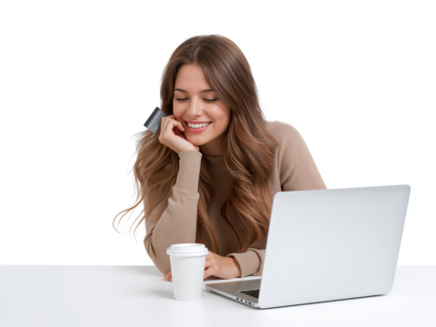 Smiling woman at desk, contemplates online purchases, isolated on transparent background, a modern