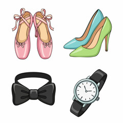 Vector SVG Icon Set of Shoes Bow Tie and Watch in Modern Flat Style with Bright Colors