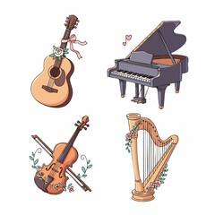 Vector SVG Illustration of Musical Instruments Featuring Guitar Piano Violin and Harp in Modern Flat Style with Soft Pastel Colors