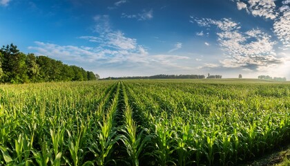 sunlit green cornfield under a blue sky with fluffy clouds and a treeline in the distance during early morning