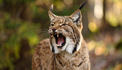 Fototapeta premium Intense stare of a Eurasian Lynx with bared fangs, showcasing its wild nature