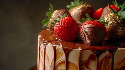Indulgent chocolate cake with fresh strawberries and a glossy ganache drip. Dessert perfection!