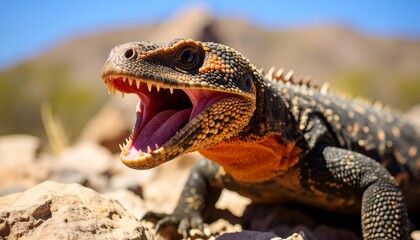 Fototapeta premium Magnificent Gila Monster Displaying Dominance in a Desert Rocky Habitat, Arizona Reptile