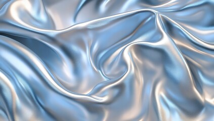Abstract background with a shiny white satin texture, in pastel blue and silver colors. Background of an elegant cloth in a wave form for design. Shiny satin fabric. Delicate liquid metallic waves
