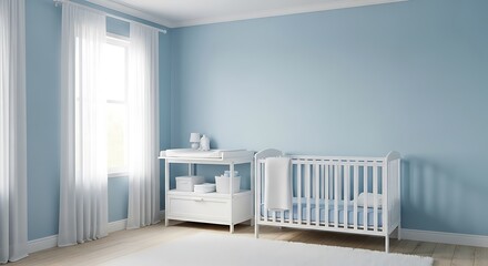 baby bedroom with white bed isolated with empty blue wall