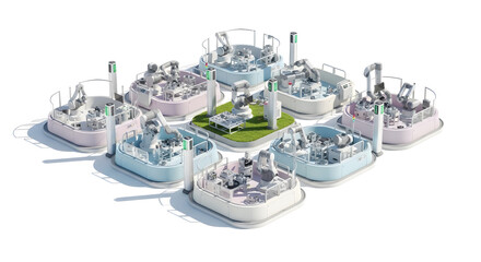 Futuristic modular city model with intricate hightech details and a central elevated platform.