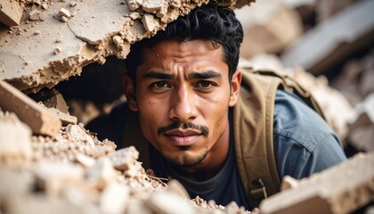 Man trapped in debris after disaster with concerned expression and rubble surround