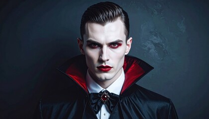 Fototapeta premium Elegant and Imposing Vampire Portrait with Intense Gaze and Classic Attire