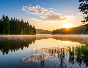 朝日が昇る霧の湖と森林の風景
