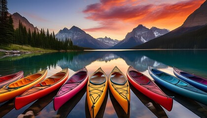 colorful canoes lined up at sunrise by a tranquil mountain lake surrounded by majestic peaks generative ai