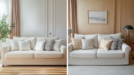 Sofa before and after dry cleaning in room