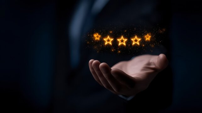 5 Star Customer Experience Concept Businessman Presenting Quality and Excellence in Service. Elevate client satisfaction a leader showcasing premium support and top tier professional