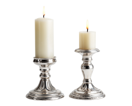 Two lit candles in silver holders