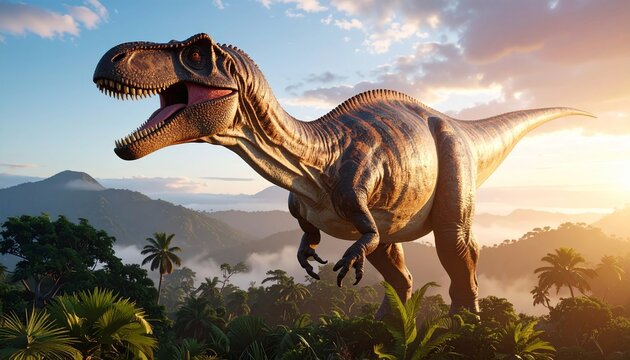 Albertosaurus Rex in lush jungle environment under dramatic sky and sunlight