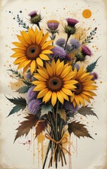 Vibrant yellow sunflowers and purple thistles bouquet tied with a rustic ribbon on a textured parchment background with paint splatters