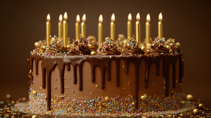 Celebratory chocolate cake with candles and colorful sprinkles, perfect for a festive occasion.