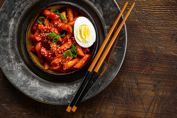 Korean street food, tteokbokki with egg and sesame on dark wooden background top view copy space for text