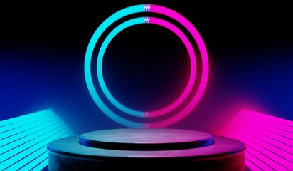 3d illustration rendering of y2k 2000s gaming technology futuristic fantasy metaverse cyberpunk sci-fi display podium pedestal stage room abstract background in neon-glow