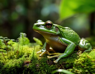 Fototapeta premium closeup of a green frog sitting on moss in the rain forest