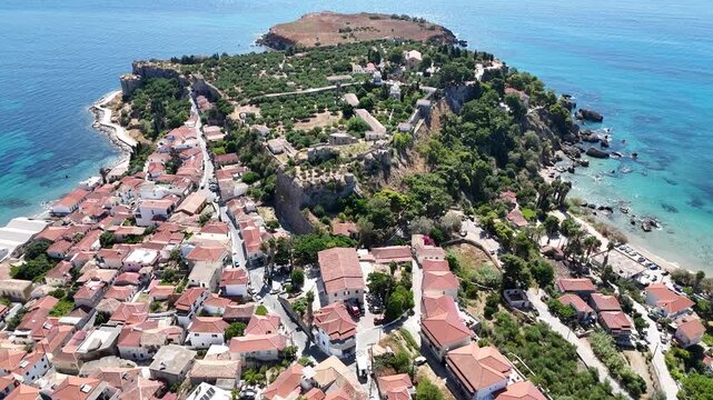 Aerial drone view of Koroni town and the Venetian castle in Messinia, Greece