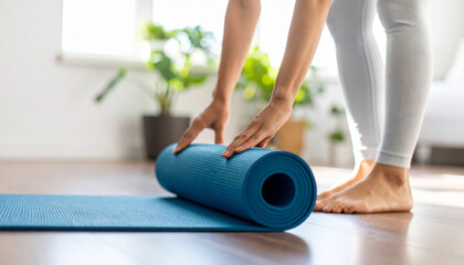 Close-up of a woman folding blue yoga or fitness mat after yoga in front view
