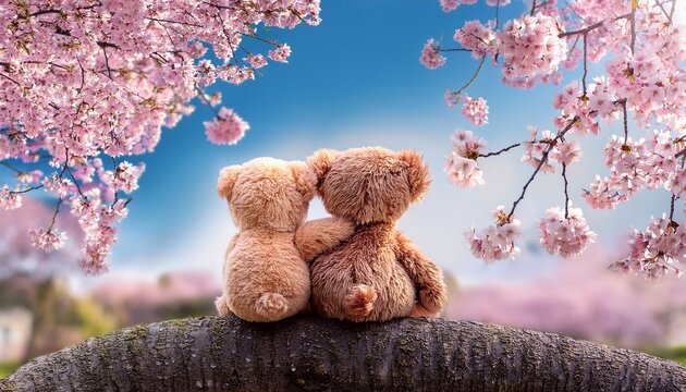 cuddling in nature teddy bears surrounded by sakura blossoms