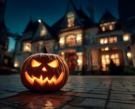 A jack o lantern sits on a driveway in front of a large house