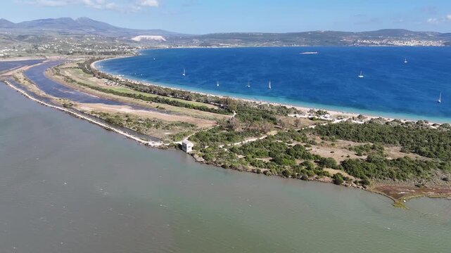 Aerial Drone View of Gialova Beach and Lagoon in Messinia, Greece