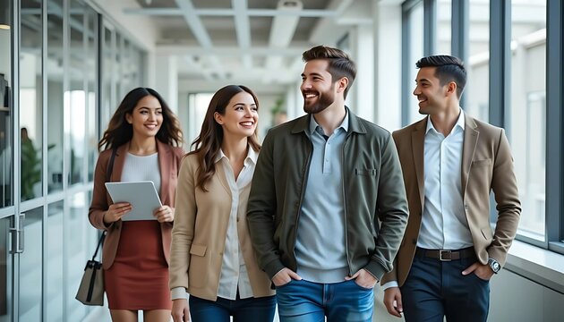Gleaming Modern Office: Diverse Professional Team Walking with Beaming Expressions