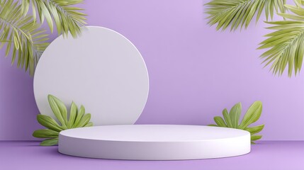 A white pedestal display with tropical foliage against a purple background.