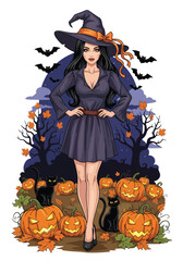 Fototapeta premium Halloween witch pin-up illustration with black cats, flying bats, jack-o’-lantern pumpkins, and autumn leaves, perfect spooky fantasy artwork for Halloween celebration themes