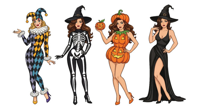 Halloween pin-up illustration featuring women in festive costumes: jester, skeleton witch, pumpkin girl, and elegant witch, perfect spooky holiday design for party and celebration themes
