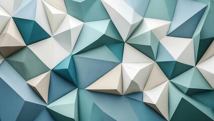 Abstract background with geometric shapes and soft lighting, creating an elegant pattern in shades of blue, green, white, gray, beige, light brown, teal, and cream. Geometric triangles arranged