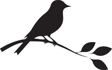 Tranquil Perch: A minimalistic silhouette of a songbird delicately perched upon a slender branch, with the soft, natural shape of foliage accentuating its form.