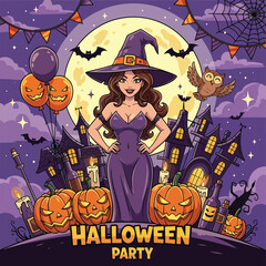 Halloween party illustration featuring a beautiful witch in dress and hat, surrounded by pumpkins, haunted house, bats, owl, balloons, and spooky decorations under full moon night