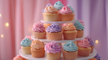 Pastel Cupcake Tower: A delightful display of colorful cupcakes perfect for celebrations and sweet treats.