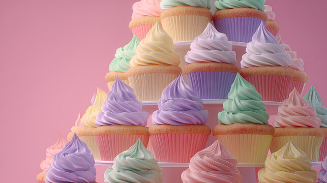 Pastel Cupcake Tower: A delightful stack of colorful, frosted cupcakes on a tiered stand, perfect for celebration.