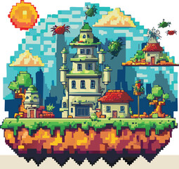 Pixel Art Fantasy Floating Island.