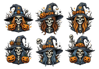 Flat illustration set of spooky Halloween skeleton witches with pumpkin hats, creepy trees, bats, and spiders, perfect for scary holiday decorations, posters, and party designs