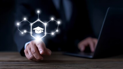 E Learning Digital Education Concept with Online Course Icons and Businessman Using Laptop and Smartphone. Modern study solution via web platform explore knowledge skill development