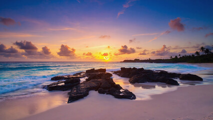 Obraz premium Ocean Beach Sunset with Rocks and Turquoise Waves at Dusk