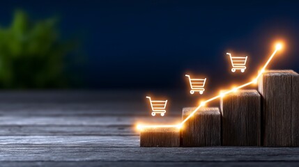 Effective Sales Growth Strategy Illustrated by Expanding Shopping Cart Icons and Upward Trend Line. Boost revenue implement innovative ecommerce tactics analyze market movement