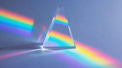 Clear Prism Refracting Rainbow Light on Soft Blue Background
