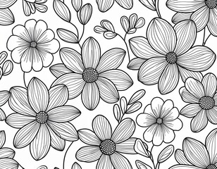 simple floral seamless pattern black outline of flowers on white background for fabric prints textiles packaging