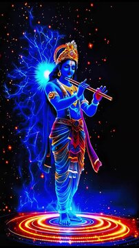 Hindu god Krishna playing flute, radiating divine cosmic energy in a starry blue background. Vishnu avatar, spiritual devotion, meditating. Religion, spirituality, India, worship. Indian lord in space