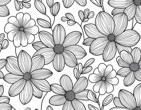 simple floral seamless pattern black outline of flowers on white background for fabric prints textiles packaging